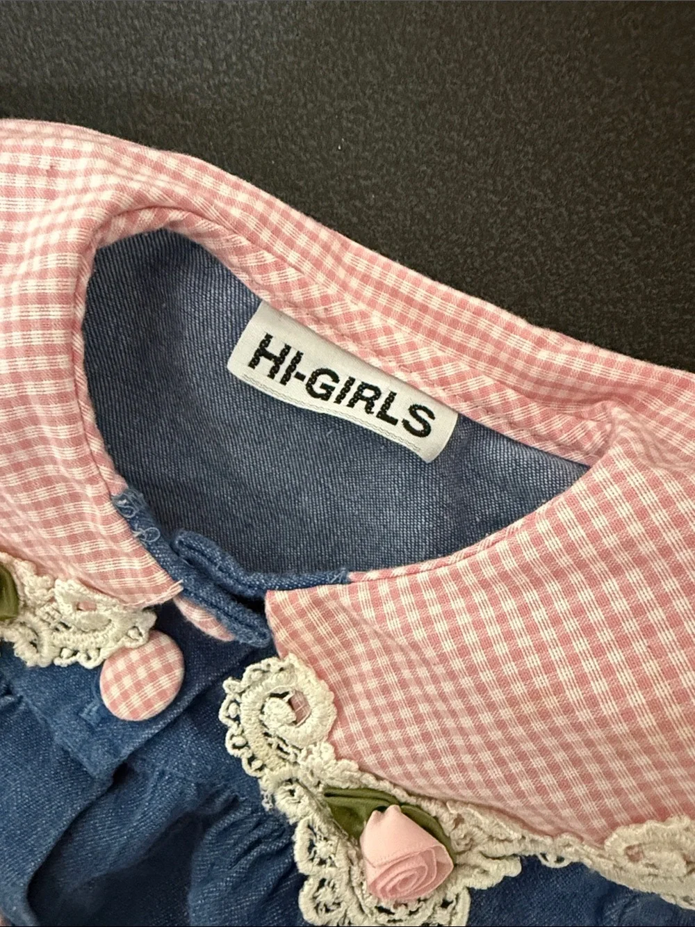 Blue Denim Toddler Dress with Pink Gingham Collar 90’s